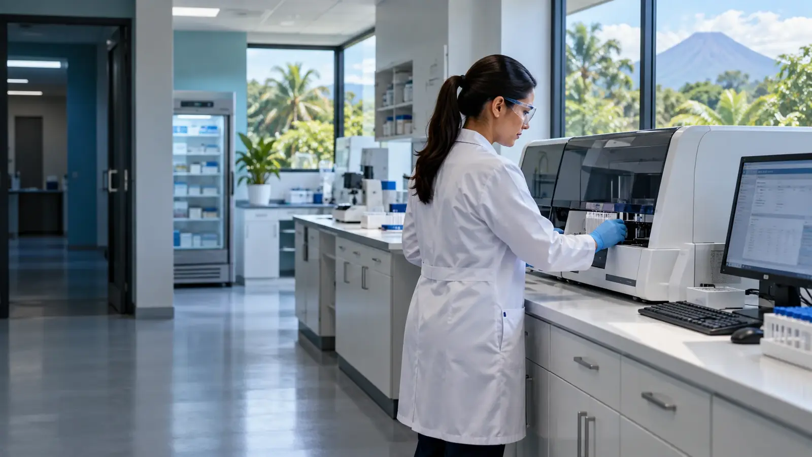 Escena conceptual de un laboratorio clínico con profesional, analizador y estación de trabajo