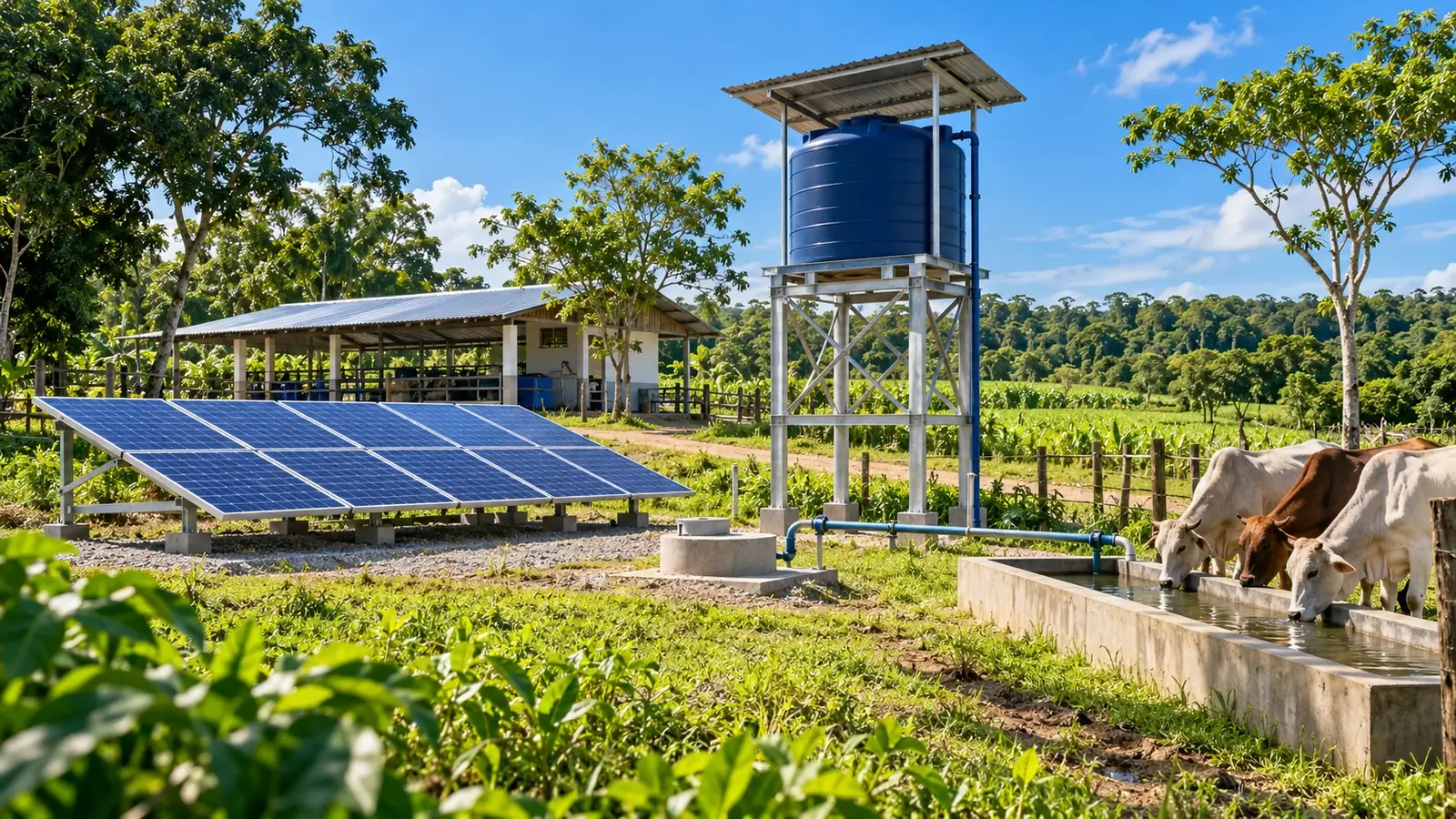 Escena conceptual de una finca tropical con paneles solares, pozo protegido y tanque de almacenamiento de agua
