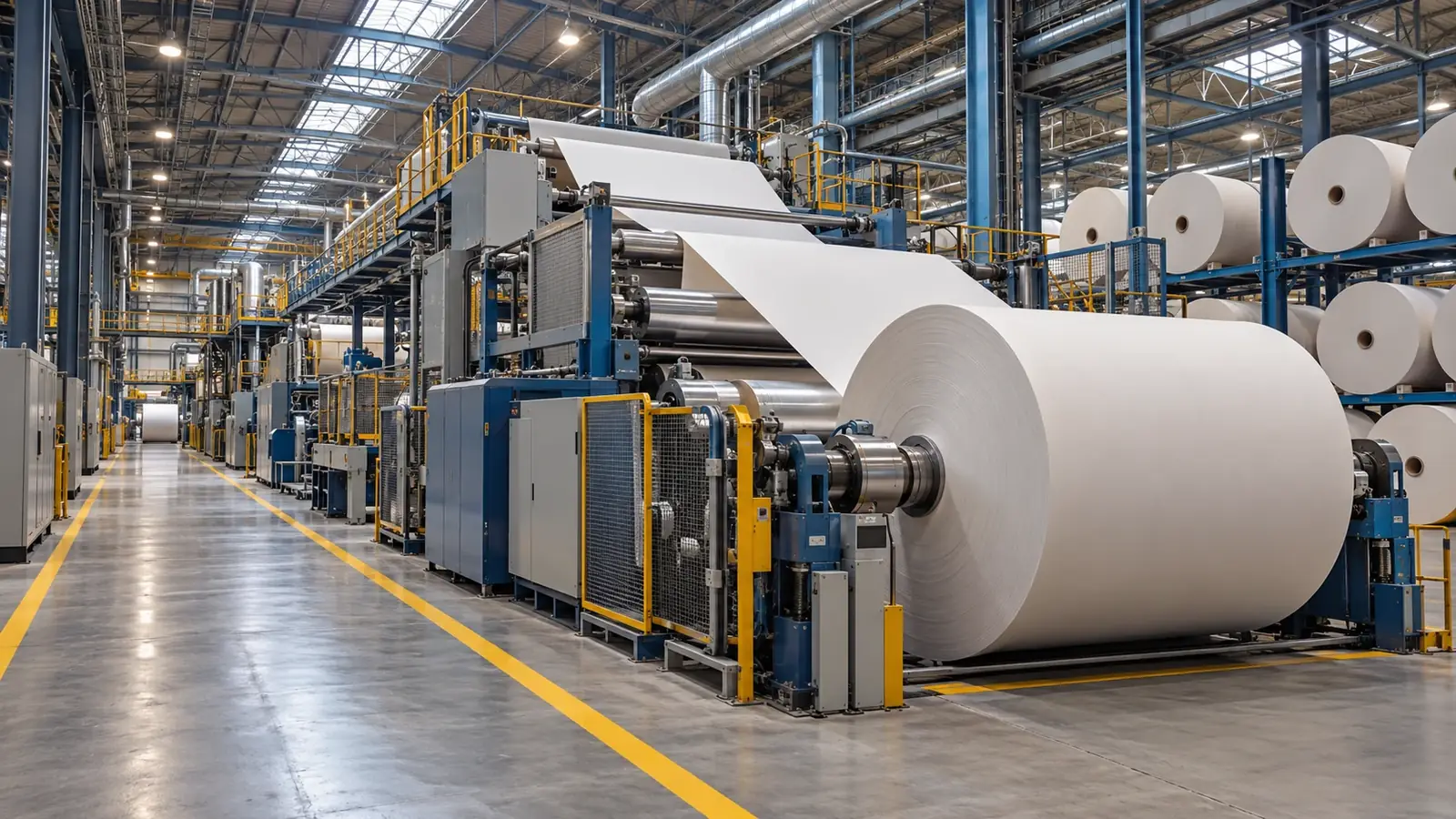 Escena conceptual del interior de una fábrica de papel con bobinas, rodillos y maquinaria de producción