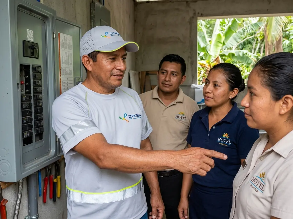 Ingeniero de COMJESA explicando un tablero eléctrico al personal de un hotel
