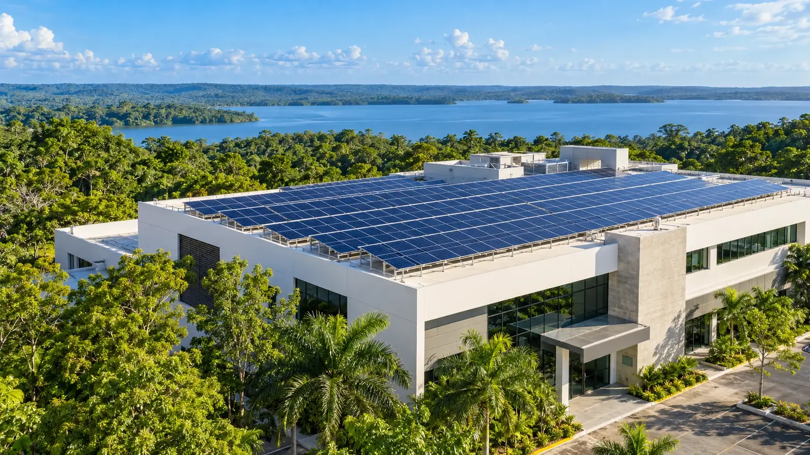 Visión conceptual de un edificio empresarial con paneles solares en un paisaje tropical de Petén